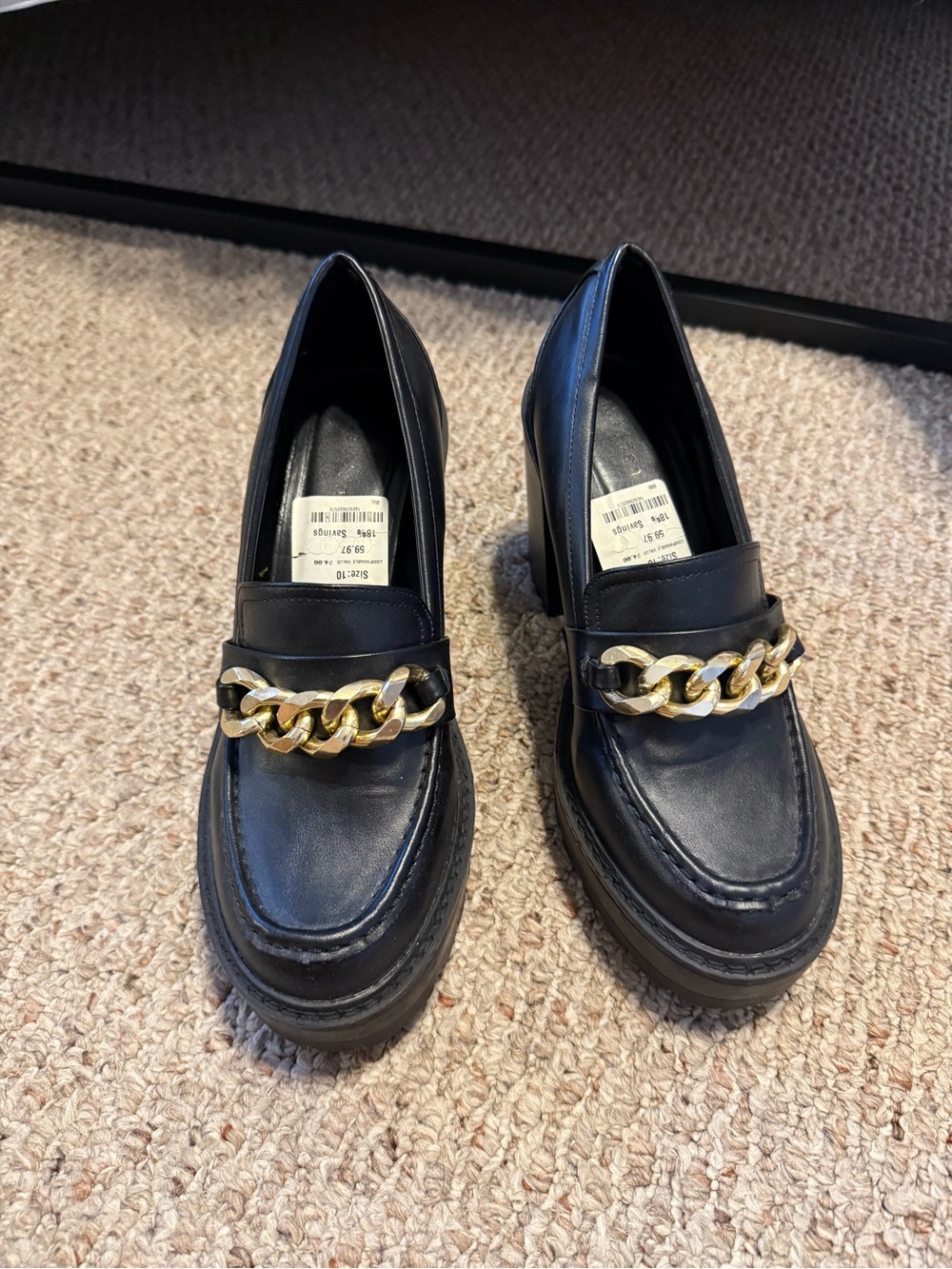 Black Leather Chain-Accent Women’s Loafer Heels Madden girl